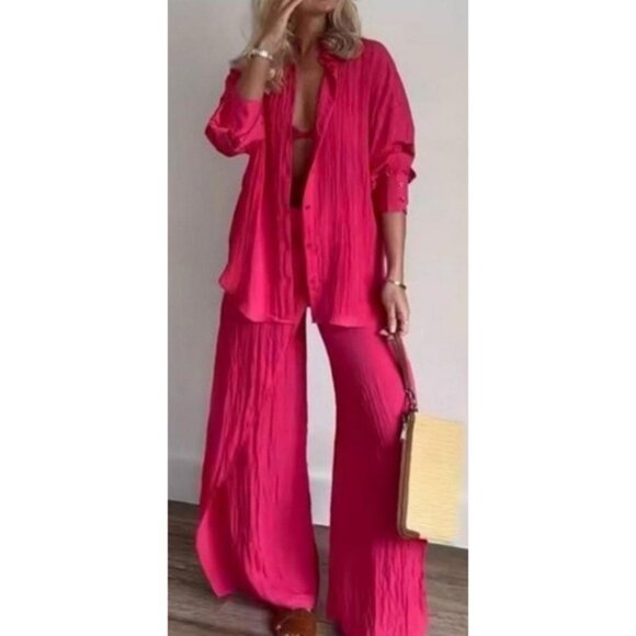 NWT Zara Fuchsia Hot Pink Wide Leg Wrinkle Effect Lounge Wrap Pants - Picture 4 of 9